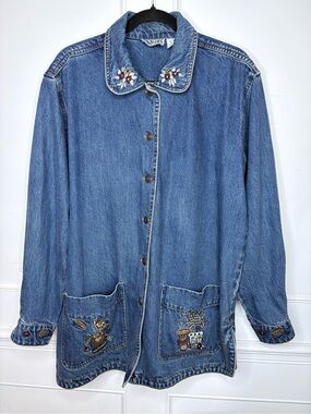 Blue Embroidered Denim Chore Jacket with Patch Pockets